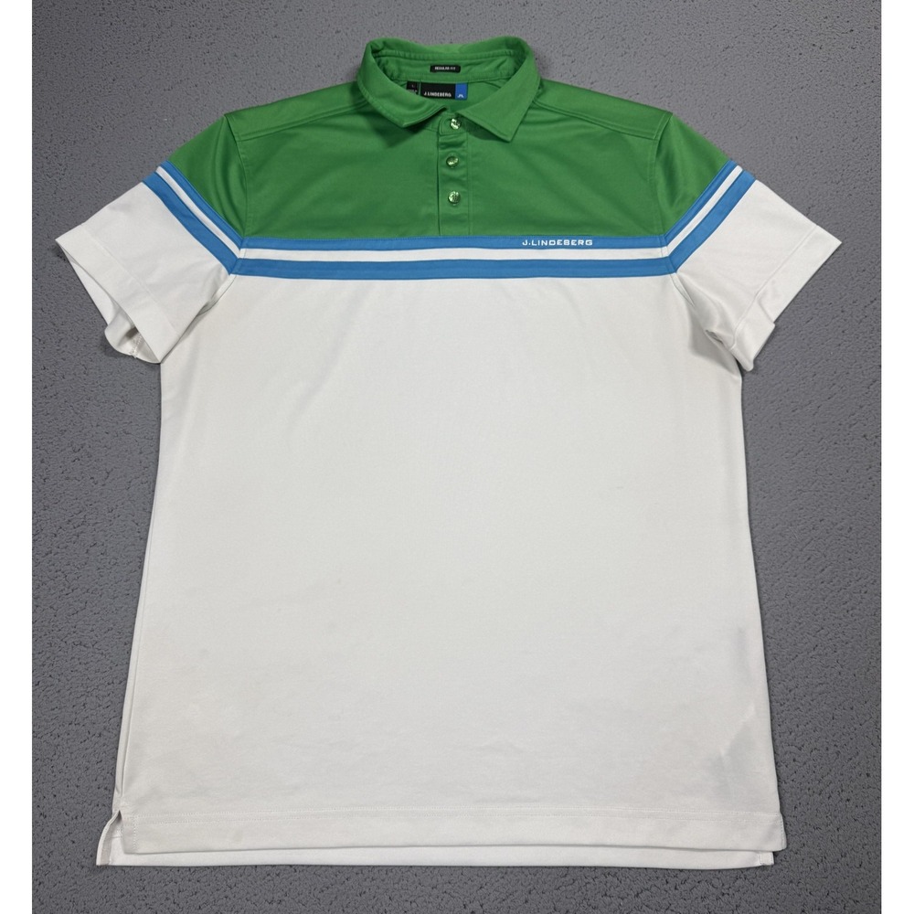 J.Lindeberg Polo Shirt Mens Large Green Stripe Golf Fieldsensor Performance